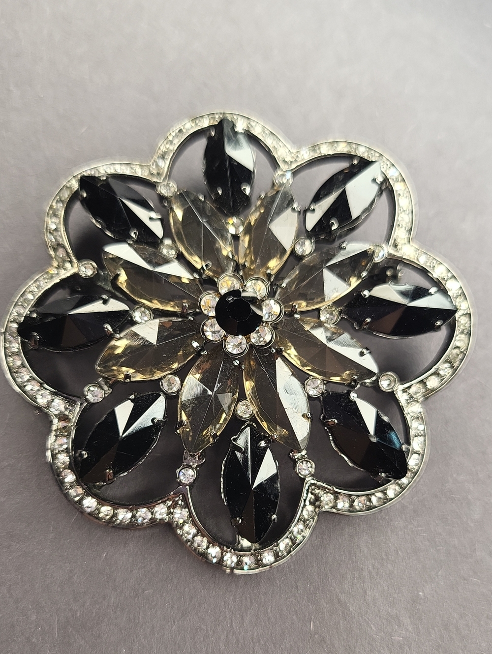 Black and Smokey Crystal Floral Brooch